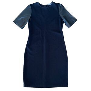 Vince Navy Dress with Leather-Effect Short Sleeves